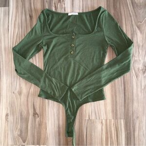 Green Ribbed Long Sleeve Bodysuit